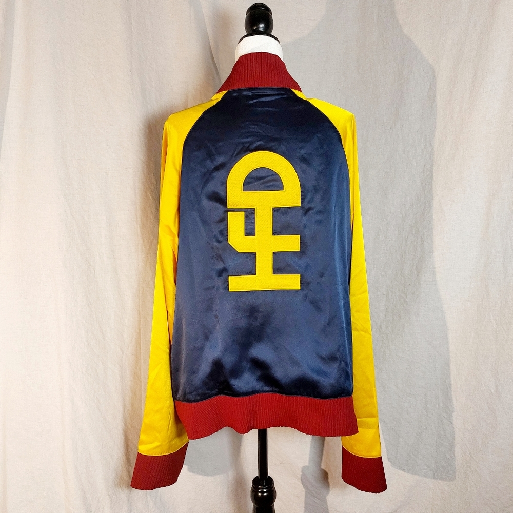 Honey F*cking Dijon burgundy, blue & yellow satin track jacket, XL, NWT